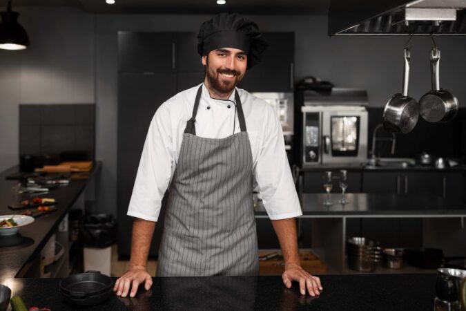Portrait d'un chef souriant, tablier rayé gris et toque noire, dans une cuisine professionnelle moderne